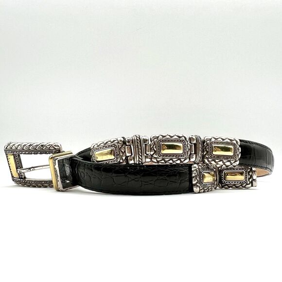 Croc Embossed Black Leather Belt Brighton Silver/Gold Linked Medallions Med US - Picture 1 of 9